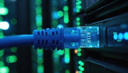 Blue ethernet cable plugged into server rack in dark server room. Glowing lights create futuristic atmosphere. Close-up detail on connection, data transmission, high tech infrastructure.