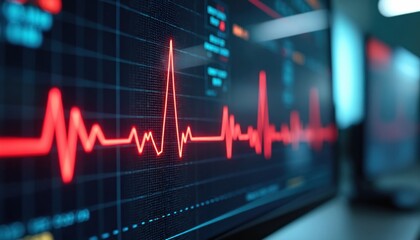 Macro cardiogram on monitor screen displays red heartbeat waveform. Close-up view shows detailed pulse rate analysis, vital signs observation, cardiovascular rhythm recording. Precision diagnostic