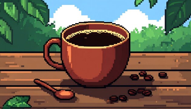 Retro Pixel Art Coffee Cup Surrounded by Nature Serenity and pixelated style