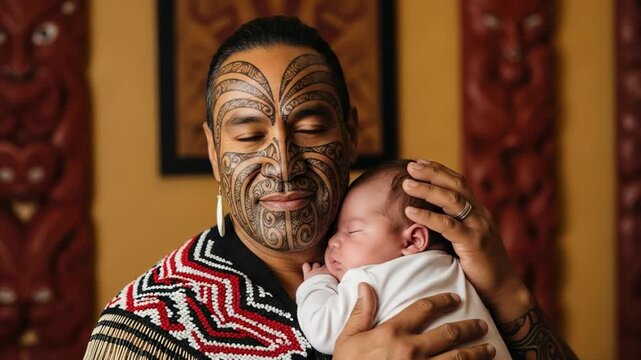 Māori father with traditional Tā moko facial tattoos tenderly holding his sleeping newborn baby in a culturally rich home environment.