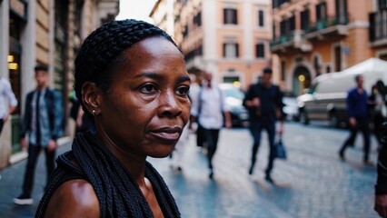 Fototapeta premium portrait african american woman. A city street with people walking, some holding bags, surrounded by buildings. The scene captures urban life with a focus on movement and architecture.