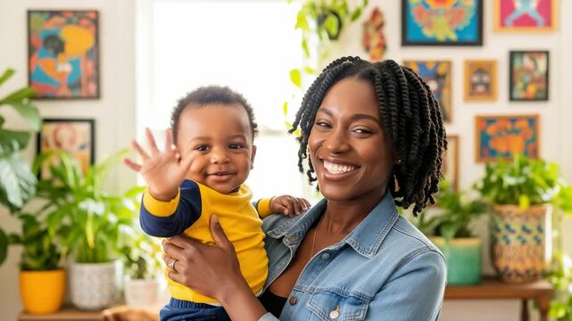 Happy African American mother holding her smiling baby boy in a bright, plant-filled home with colorful artwork. A joyful family moment indoors.