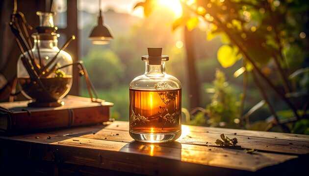 Herbal elixir in glass bottle