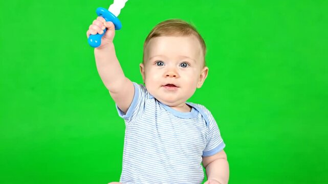 Adorable baby boy with bright blue eyes happily smiles while holding a toy sword against a vibrant green background for various commercial uses - Powered by Adobe