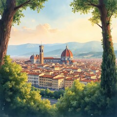 Obraz premium Watercolor illustration of Florence cityscape featuring iconic Cathedral, Tuscan hills. Buildings with terracotta roofs fill urban landscape under vibrant sunset sky. Plants frames scene, evoking