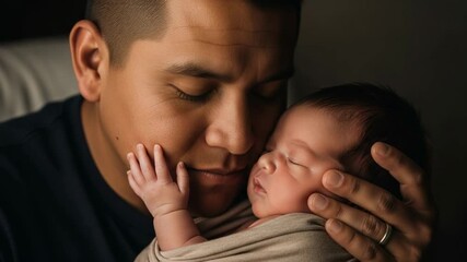 Loving father gently cradles his sleeping newborn baby, sharing a tender moment of quiet bonding and new family connection.