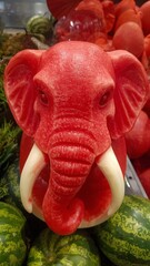 Red watermelon carved into an Asian elephant sculpture