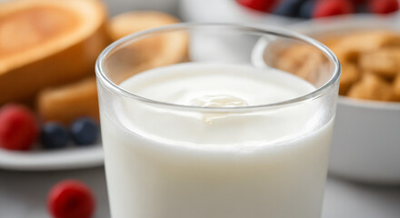 Close-up breakfast setting featuring a glass filled with creamy and fresh milk. In the background, there are blurred elements like berries, a bowl of cereal squares, and a waffle.