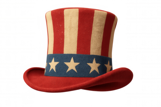 Classic uncle sam hat with stars and stripes, perfect for independence day projects, isolated on a transparent background