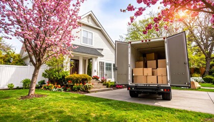 Open moving truck in driveway of suburban house