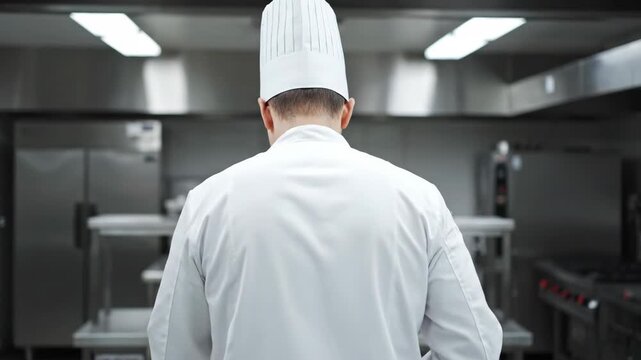 A professional chef seen from behind wearing a clean white uniform and a traditional toque hat stands in a large modern and sterile stainless steel commercial kitchen