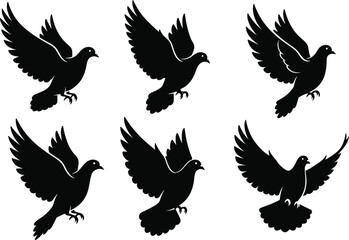 Obraz premium Silhouette birds flying in sky, black dove shapes, pigeon flight motion, wildlife freedom concept, nature migration pattern, graceful wing positions