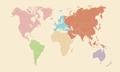 Simple World map. Color-coded continent World map. Vector template for infographic and teaching.
