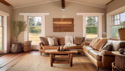 Fototapeta premium cozy farmhouse inspired living room with rustic elegance