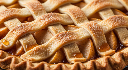 Beautiful homemade apple pie with a lattice crust. The crust features woven strips of dough with a golden-brown, slightly sugary appearance.