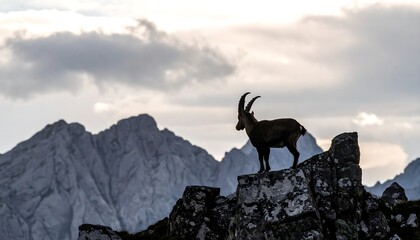 Majestic ibex silhouette atop alpine crag, dramatic mountain backdrop