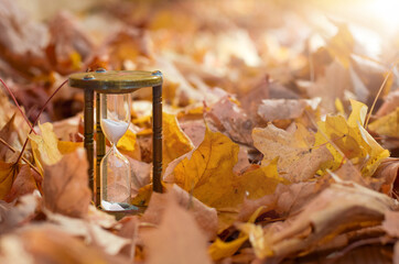 Vintage brass sand timer among autumn leaves in bright sunlight