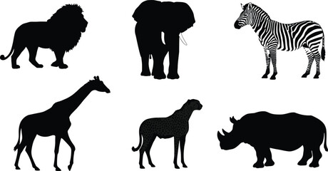 African wildlife animal silhouettes, lion, elephant, zebra, giraffe, cheetah, rhinoceros, safari nature illustration, black vector design, biodiversity concept