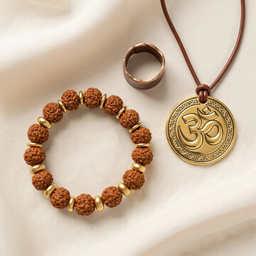  Ayurveda. Flat lay of Ayurvedic-inspired jewelry a bracelet with rudraksha beads, a pendant with an Om symbol, and a copper ring, arranged on a raw silk fabric