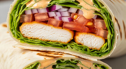 Macro photo of a cut wrap sandwich with sliced chicken breast, leafy greens, sliced tomatoes, diced red onions, and creamy chipotle.
