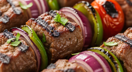 Close-up of turkish kebabs sticks with grilled meat and vegetables.The skewers are composed of chunks of grilled meat, interspersed with pieces of green bell peppers, red onions, and cherry tomatoes.