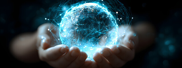 Hands holding a glowing globe displaying e-invoicingtechnology in a digital wold context