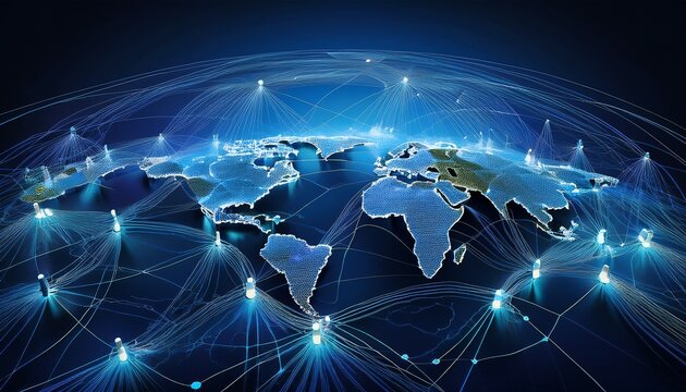 conceptual image of a complex global network of shipping routes interconnected supply chain worldwide intricate blue