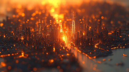 Fototapeta premium Fiery cityscape in a vibrant sunset with abstract rendering of a metropolis.