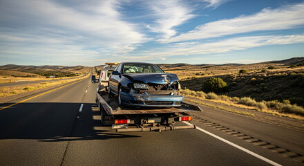 Obraz premium Blue broken car on tow truck is driving on a highway, roadside assistance service. Vehicle accident and towing concept, footage.