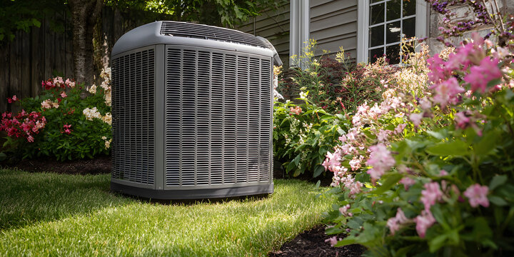 Outdoor air conditioning unit on a sunny day in a resdential backyard with flowring plants