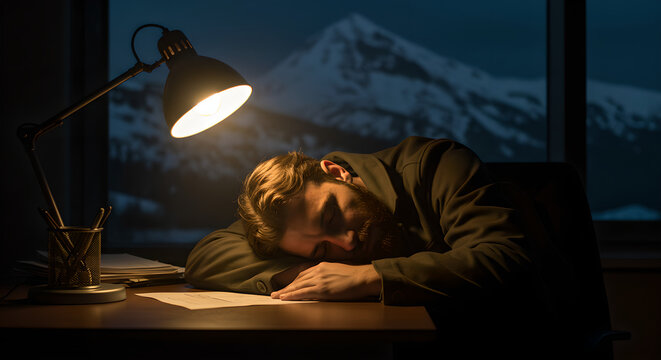 Bearded man sleeping on desk under lamp light at night, exhausted after long hours of work. Overtired businessman.