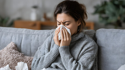 Woman feeling unwell at home with allergy symptoms wile sitting on couch surronded by tissues