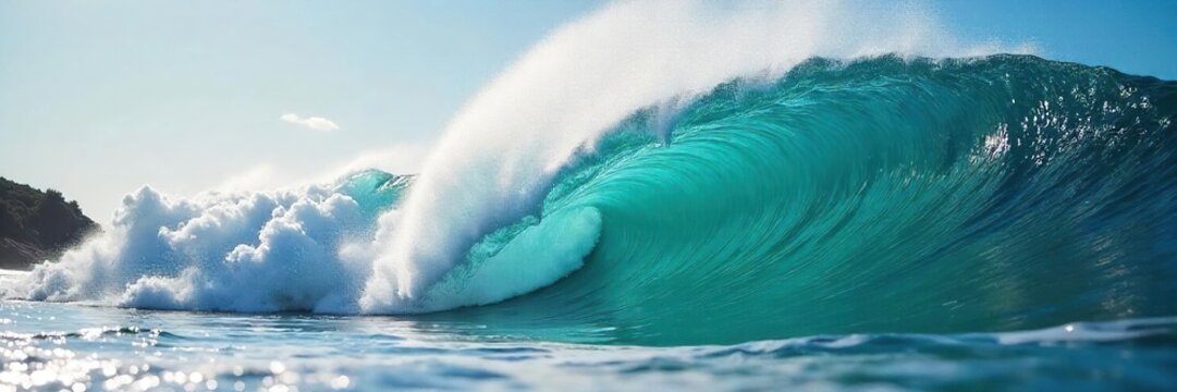Epic ocean wave crests, ready to be ridden by a surfer  Sunlight glints off the water's surface  Perfect surfing conditions captured in a stunning image ,  coastline,  water sport