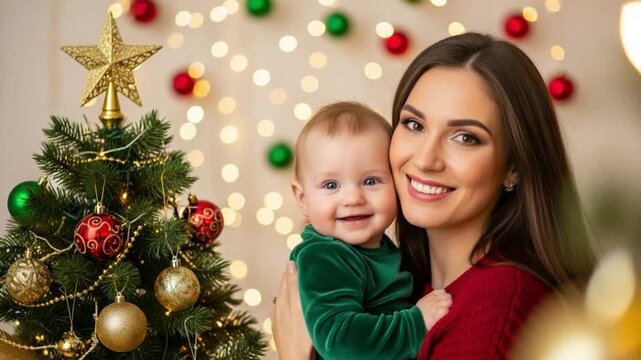 Happy young mother holding her adorable baby in front of a festive Christmas tree with sparkling lights, celebrating the holiday season together.
