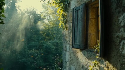 Sunlight streaming through an open window of a rustic stone cottage surrounded by lush greenery - Powered by Adobe