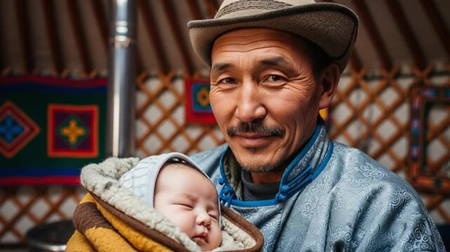 Smiling elderly Asian man in traditional clothing and hat tenderly holds a sleeping infant, capturing a heartwarming family moment inside a traditional yurt with cultural patterns.