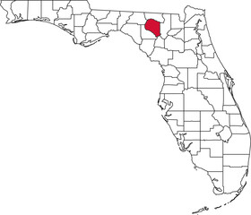 A vector map of Florida highlighting Suwannee County. Ideal for geographical studies, regional reports, and data visualization projects.

