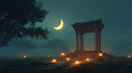 Mystical moonlight night scene with ancient architecture and glowing lanterns