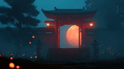 Mystical Japanese Torii Gate with Full Moon and Floating Lights in Night