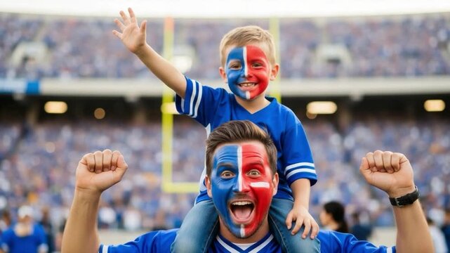 Excited Caucasian father with his young son on shoulders, both with red and blue painted faces, cheering enthusiastically at a vibrant outdoor sports stadium during a daytime game.