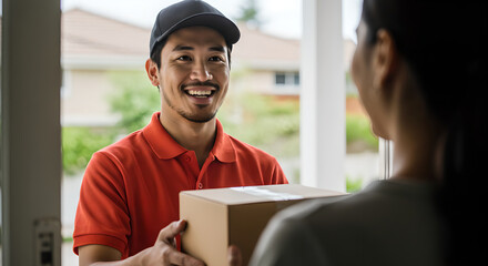 An asian man delivery worker hands a cardboard box to a woman at her home, showing happy express shipping service.