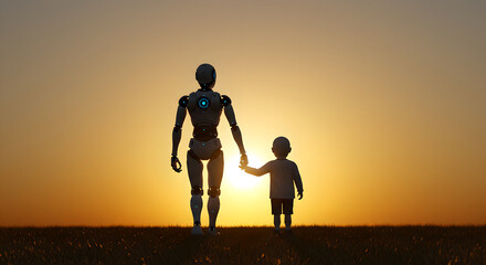 Robot holding a kid's hand, walking on grass at sunset. Robotic future concept with artificial intelligence and humanity.