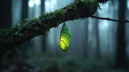 Enchanted forest: a luminous cocoon hangs suspended from a mossy branch