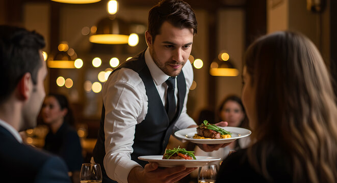 A caucasian waiter serving food on a plate to a man and woman in a restaurant setting. Hospitality and fine dining experience.