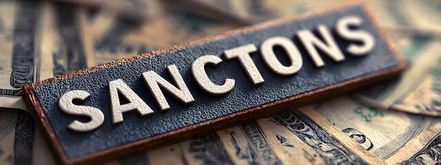 Sanctions displayed on a sign overlaid on dollar bils indicating economic actins and financial measures aken