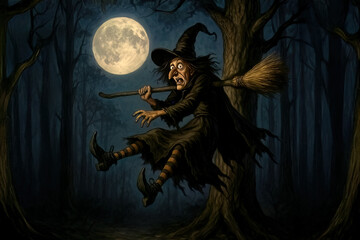 Halloween scene illustrated witch falling in the sky, frightened as her broomstick breaks.
