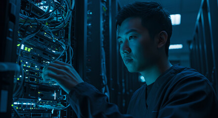 Asian man connecting server cables. IT engineer working in data center. Network administrator installing hardware for cloud computing.