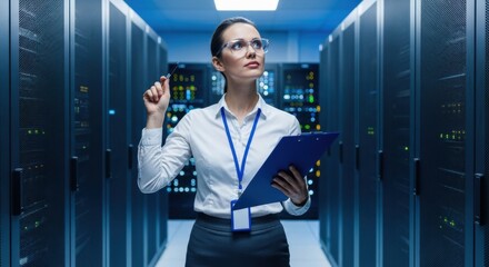 Focused female technician inspects servers in a modern data center