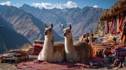 Two majestic llamas in the Andes mountains with colorful textiles background
