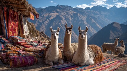 Majestic Llamas of the Andes Mountains in Peru offer a picturesque scene